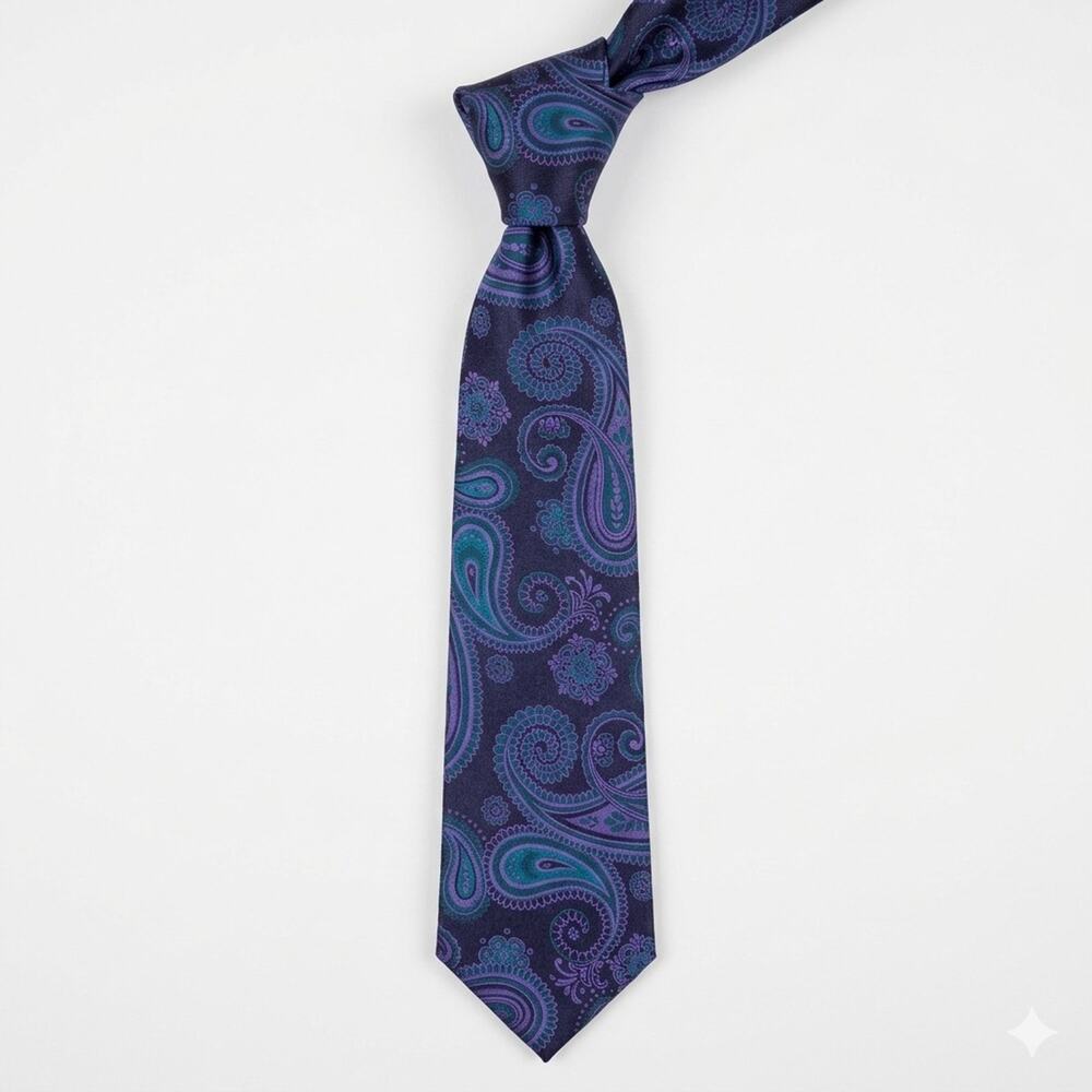 Hi-Tie Purple Teal Paisley Men's Tie Hand Tailor 100% Seta Soie Seide Silk